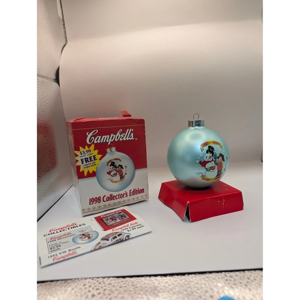 Campbells Soup 1998 Collectors Edition Glass Ornament Snowman Kids Blue Vintage